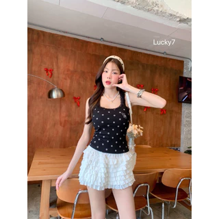 BY IRA ❤️พร้อมส่ง❤️ เสื้อกล้ามแขนกุด ลายจุดแต่งระบายลูกไม้ งานปักที่อก สุดน่ารัก