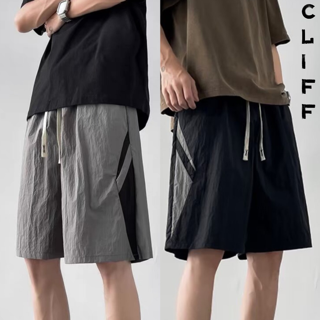 CLIFF กางเกงขาสั้นผู้ชาย แบบหลวม สไตล์อเมริกัน แนววินเทจ ลำลอง ปากกว้าง เย็บติดกัน เชือกรูด