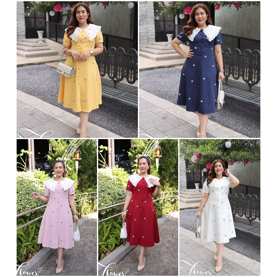 เดรสยาวสาวอวบ ปักแต่งเพชร คอบัวลูกไม้ ดีเทลกระดุมแถวหน้ายาว ใส่สวยได้หลายโอกาส พลัสไซส์ ชุดทำงานสาวอวบ เดรสทำงานไซส์ใหญ่