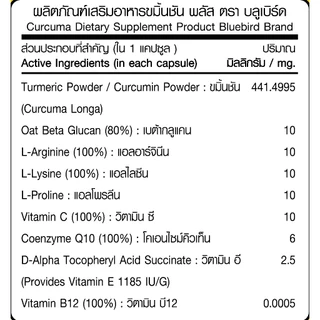[1 แถม 1] ขมิ้นชัน เคอคูมินอยด์ Curcuma Longa ตรา บลูเบิร์ด ขนาด 600 มิลลิกรัม 60 แคปซูล