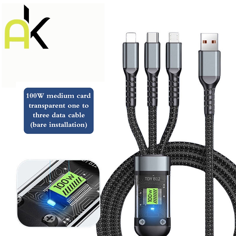 AK 3-in-1 PD 100W สายชาร์จเร็ว สายถักไนล่อน พร้อมไฟ LED 6A USB Cable ชาร์จเร็ว สำหรับ Micro Type-C lOS