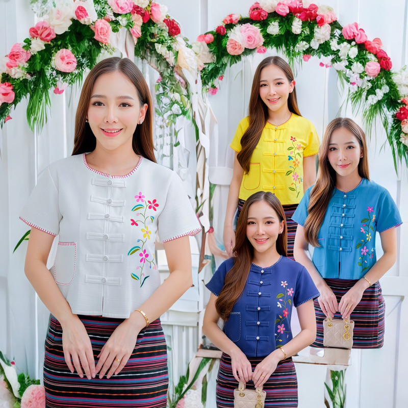 เสื้อพื้นเมืองผู้หญิงคอกลม ปักดอกงานแฮนด์เมด
