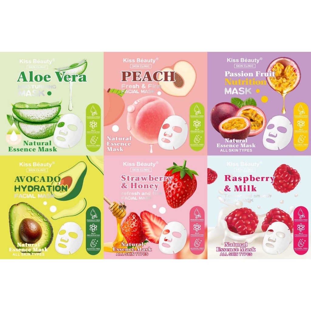 Kiss Beauty Moisture Natural Essence Mask แผ่นมาส์กหน้า เพิ่มความชุ่มชื้น บำรุงผิวหน้าอิ่มฟู 6สูตร