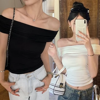 เสื้อยืดแขนสั้นไหล่เดียวสีขาวผู้หญิง เสื้อครอปปาดไหล่ เซ็กซี่ ทรงเข้ารูป ทรงสวย #15266