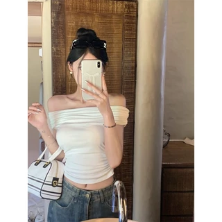 เสื้อยืดแขนสั้นไหล่เดียวสีขาวผู้หญิง เสื้อครอปปาดไหล่ เซ็กซี่ ทรงเข้ารูป ทรงสวย #15266