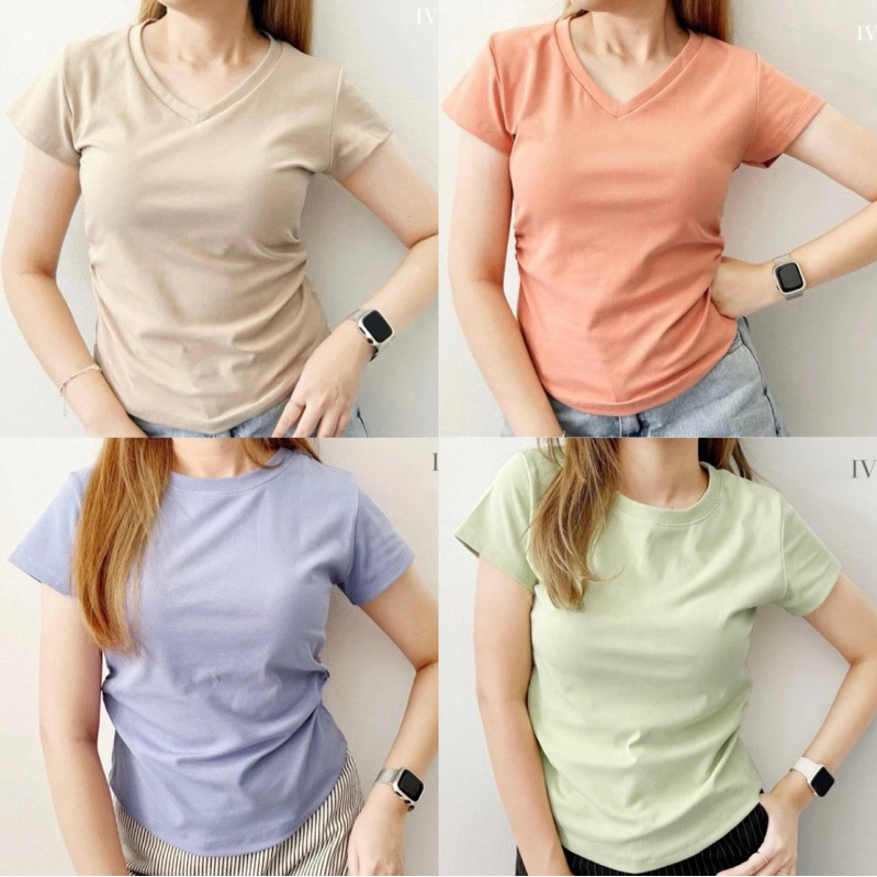 เสื้อแขนสั้นคอวี ย่นข้าง ผ้ายูนิโคล่