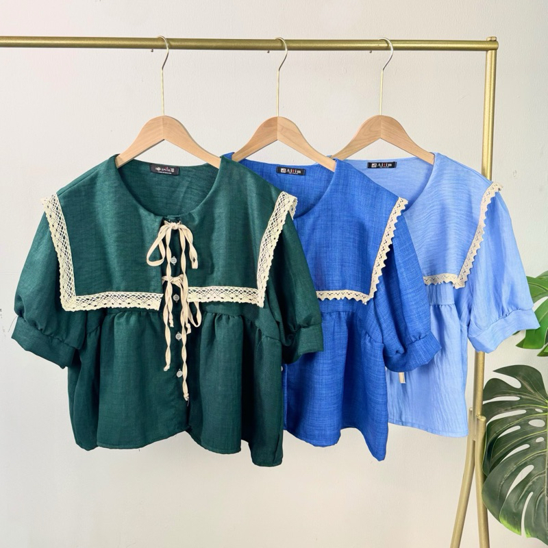 เสื้อคอบัวแขนสั้น แต่งลูกไม้ผูกโบว์น่ารักๆ สำหรับผู้หญิง