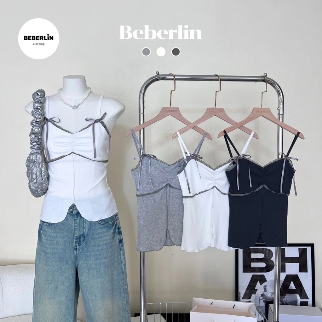 Beberlin เสื้อสายเดี่ยว ผูกโบว์ แต่งมินิลูกไม้ No : BL20