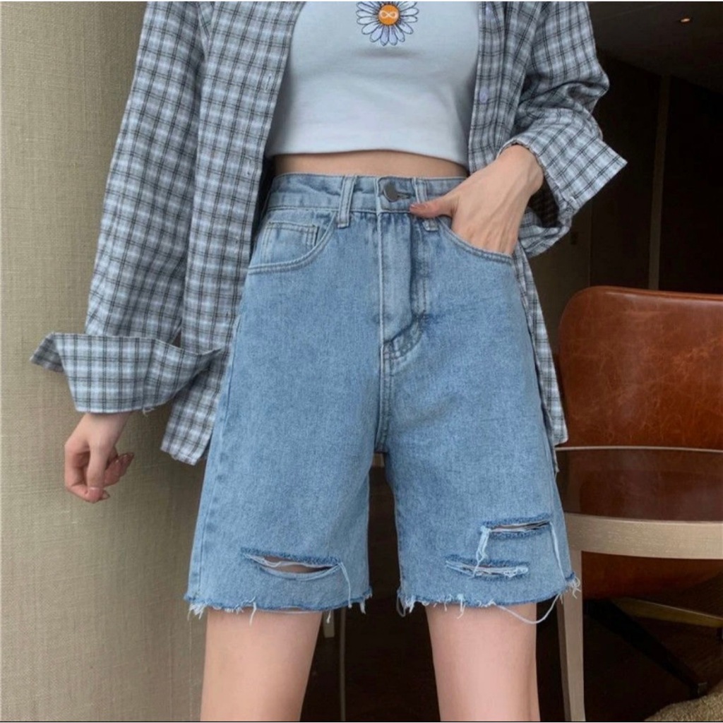 👖💐 MKL 💐👖 กางเกงยีนส์ขาสั้นเอวสูง แต่งขาดขีดๆ ปลายรุ่ย #2420