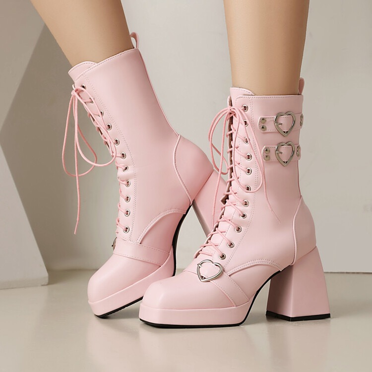 Knight Boots Square Toe Block Heels 9cm Platform 2cm Lace Up Heart Metal Decor 46 47 48 Leisure Mid Calf Bota