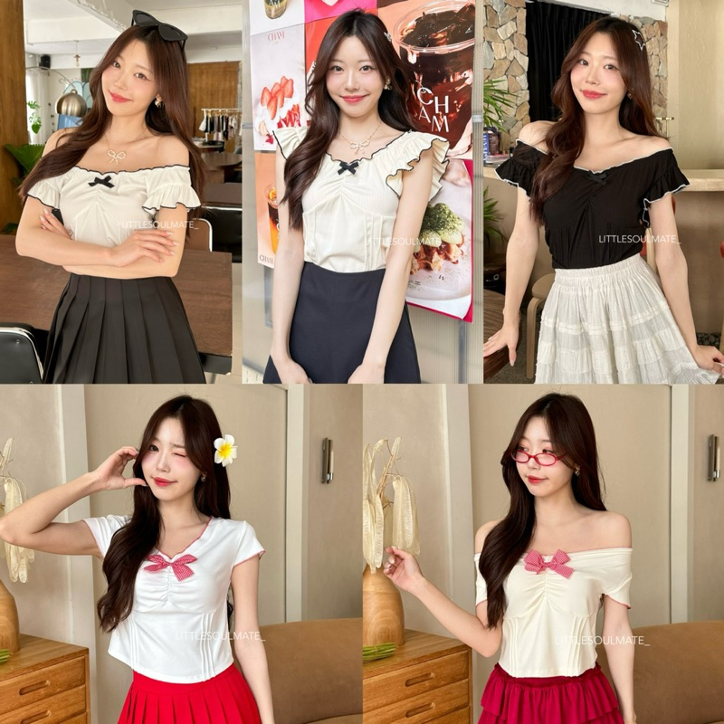 littlesoulmate เสื้อแขนระบาย ใส่ปาดไหล่ได้ ติดโบว์จิ๋วน่ารักมาก(bliss bow)