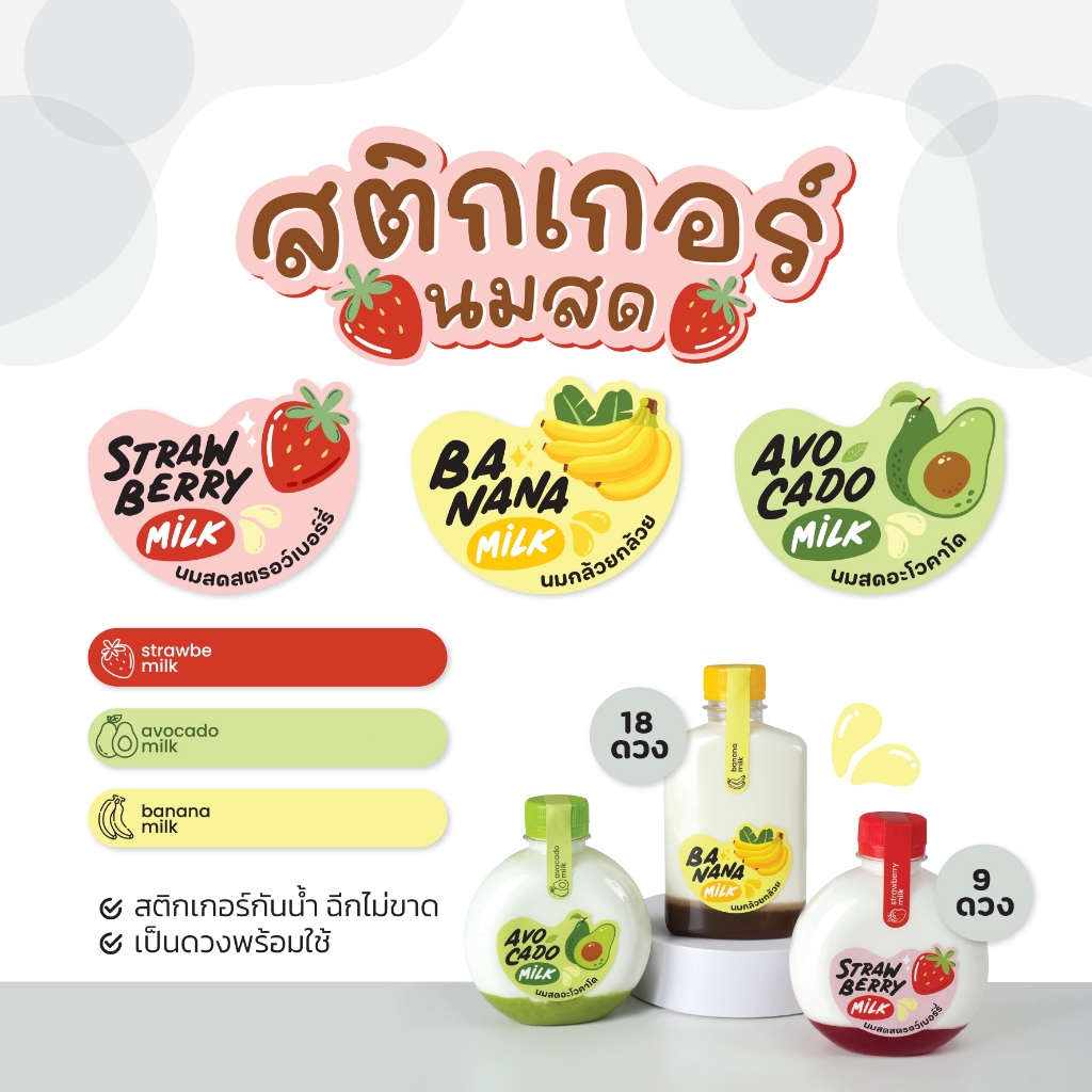 สติกเกอร์ติดขวด สติกเกอร์นมสตรอว์เบอร์รี สติกเกอร์นมกล้วย สติกเกอร์นมอโวคาโด้