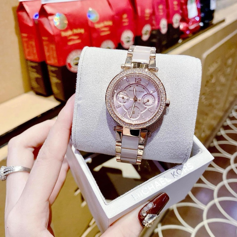 [ของแท้100%🇺🇸] นาฬิกาข้อมือ Michael kors MK6110 เซรามิกชมพู ขอบเพชร ระบบโคโนกราฟ