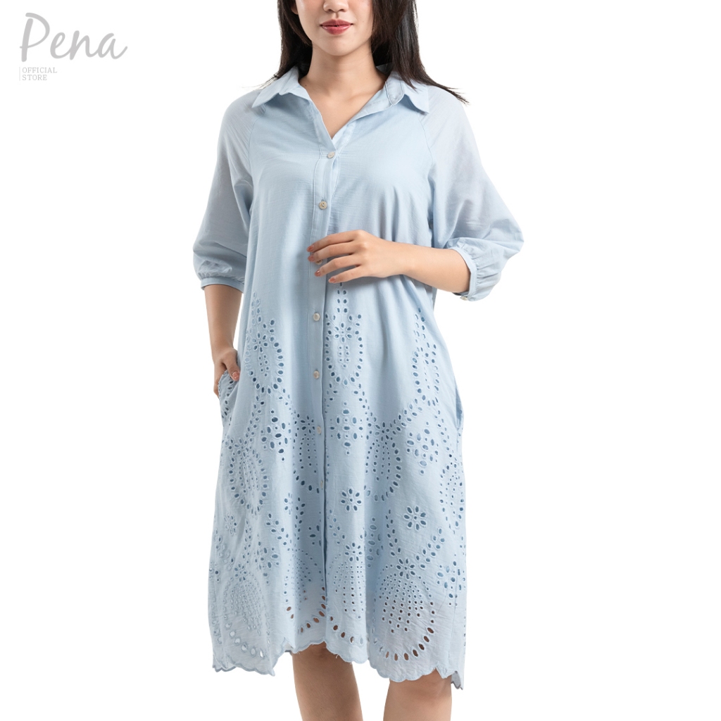 Pena house ชุดเดรสสั้น เอไลน์เดรส สีพื้น ผ้าฉลุลาย PWDL082401