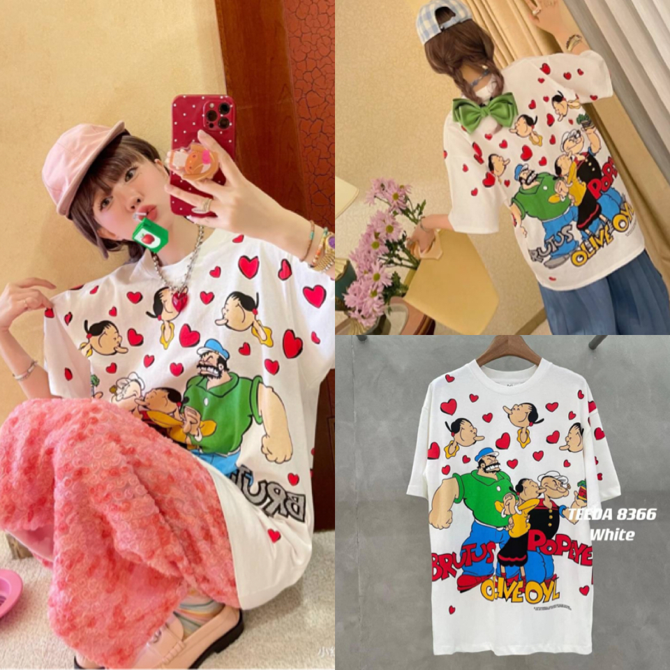 เสื้อยืดพิมพ์ลายpopeye สีสันสดใส ผ้าคอตตอนงานนำเข้าพิมพ์ลายหน้าหลังทั้งตัวน้างานดีย์ลายชัดสวยสุดๆค่า