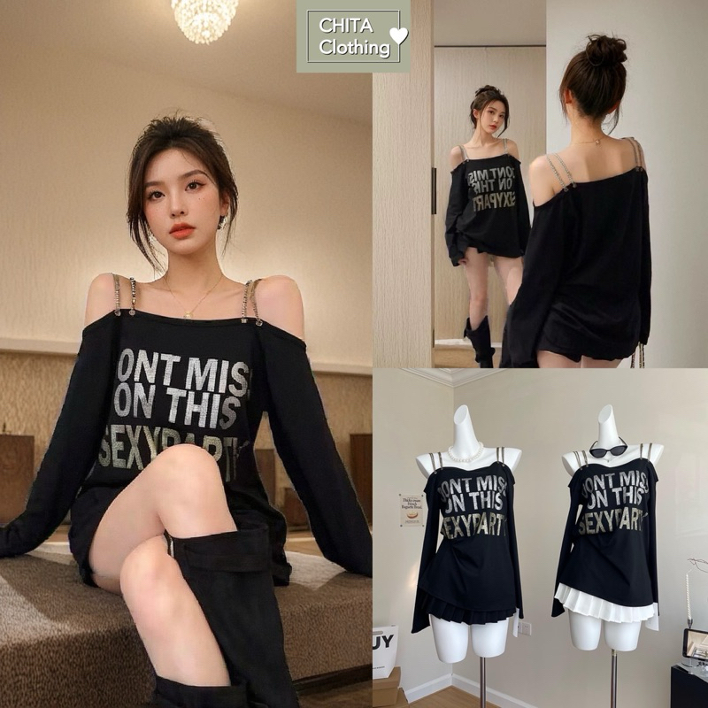 เสื้อแขนยาว สายโซ่ สกรีนลายอักษรด้านหน้า โทนสีดำ งานสวย เนื้อผ้าดีค่ะ #5659 TAG