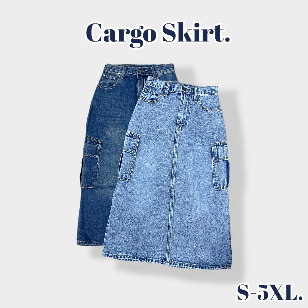 (พร้อมส่ง S-5XL) Fernfur Apparel. กระโปรงยีนส์ Cargo คาร์โก้ เอวสูง ผ้าไม่ยืด ยาวคลุมเข่า PUNNY พลัสไซส์