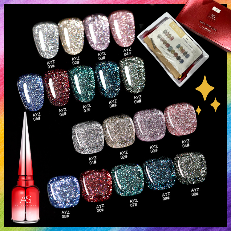 สีเจล สีทาเล็บ Box Set กลิตเตอร์ แฟลชสะท้อนแสง บรรจุกล่อง 9 ขวด และแถมชาร์ตตั้งโต๊ะ เม็ดสีแน่นๆ AYZ Set แบรนด์ AS