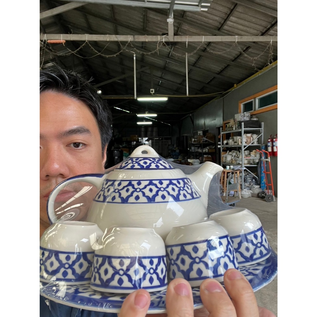 ชุดน้ำชา + ถ้วยชา ลายไทยสัปปะรดสีคราม พร้อมจานรอง ชุดกาน้ำชา กาน้ำชาลายไทย ออกใบกำกับภาษีได้