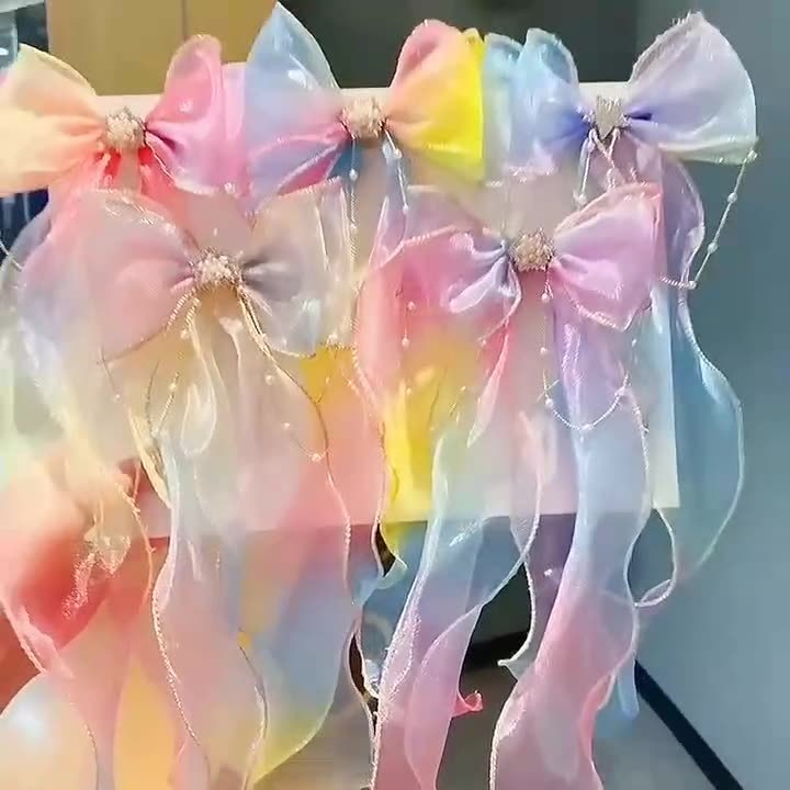 3pcs กิ๊บโบว์ผ้าแก้ว หางยาว แต่งดอกไม้ 3 มิติ หลากสี | กิ๊บเด็ก กิ๊บโบว์เด็ก โบว์ติดผมเด็ก
