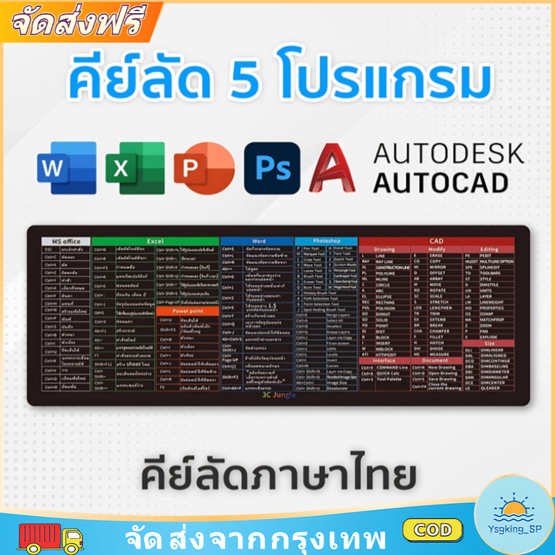 แผ่นรองเมาส์คีย์ลัดภา เครื่องใช้สำนักงาน Excel/Ps/Pr/Ai/CAD ปุ่มลัด 80X30cm เย็บขอบละเอียด เพิ่มประสิทธิภาพในการทำงาน