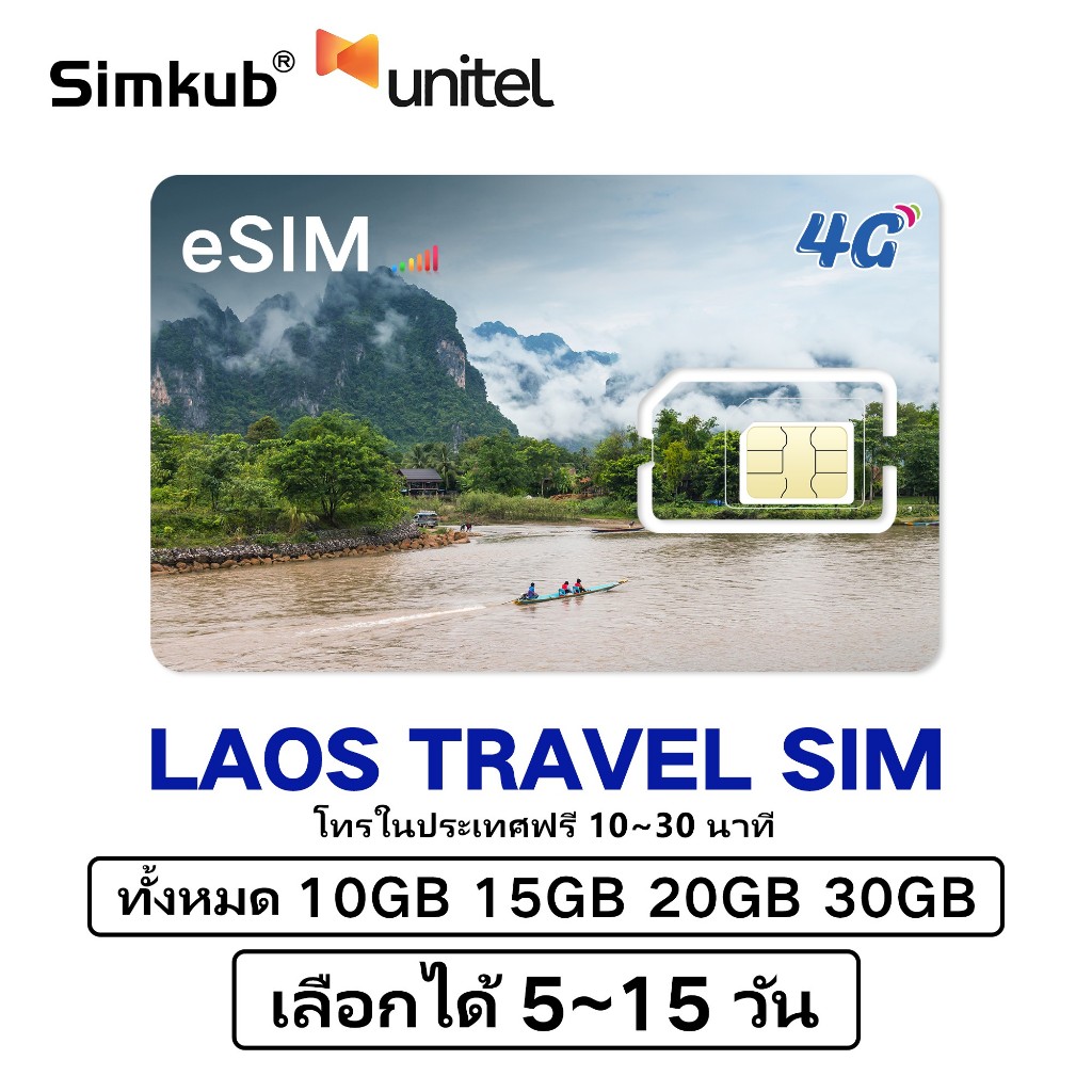 eSIM Laos ซิมลาว เครือข่าย Unitel ซิมท่องเที่ยวลาว 4G อินเตอร์เนต ทั้งหมด10-30GB เลือกได้ 3-15วัน จั