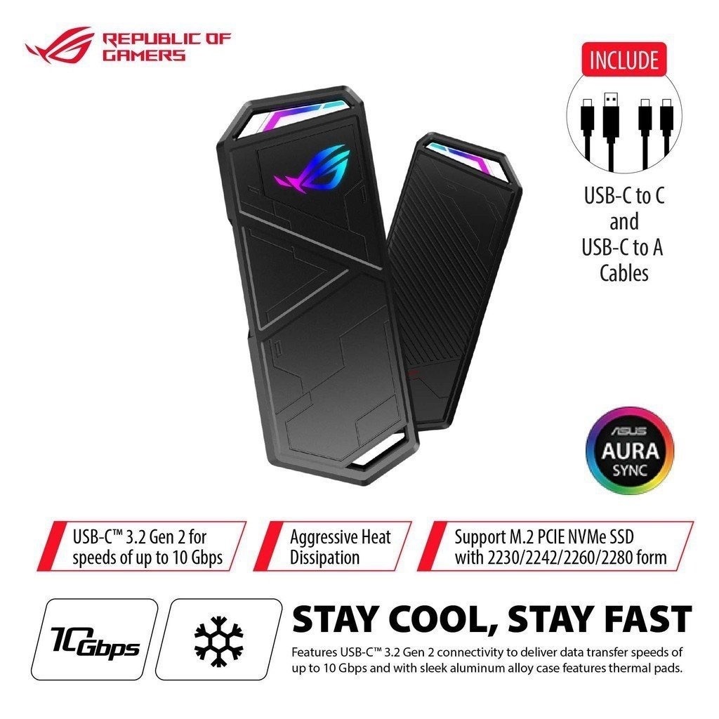 ROG Strix Arion S500 M.2 External SSD, USB-C 3.2 Gen 2 Type-C, 10Gbps, 500 GB capacity USB-C to C Cable, Thermal Pads
