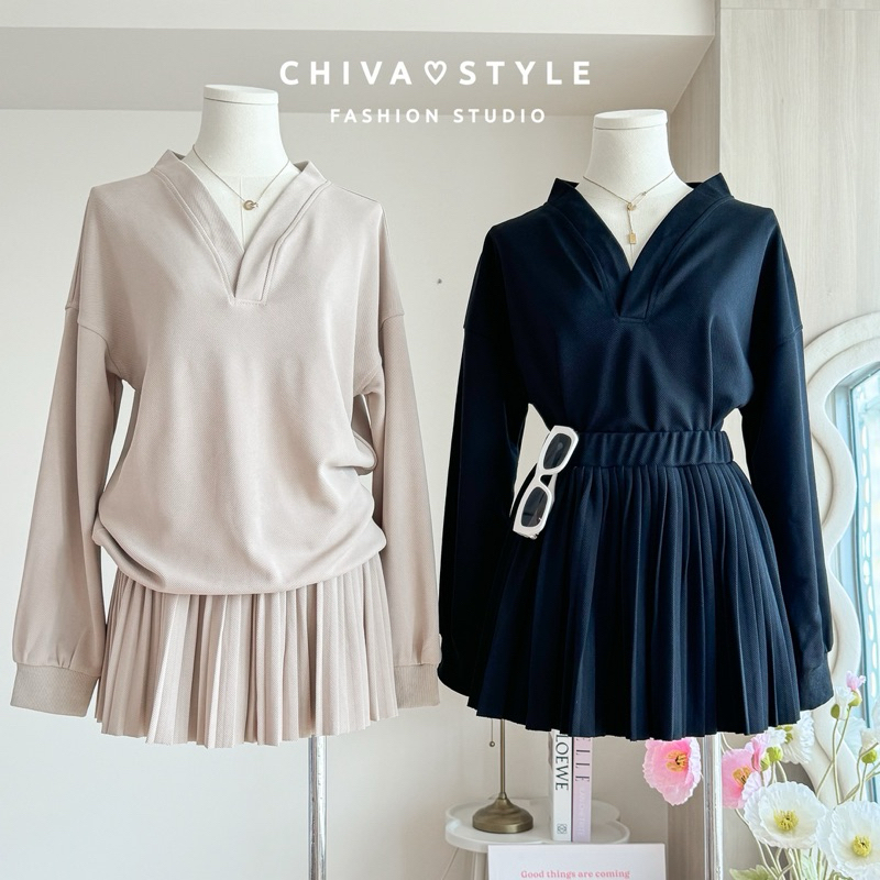 -𝐂𝐡𝐢𝐯𝐚- พร้อมส่ง Sweater x Pleated skirt |เซ็ตสเวตเตอร์+กระโปรงพลีท(ซับในกางเกง)