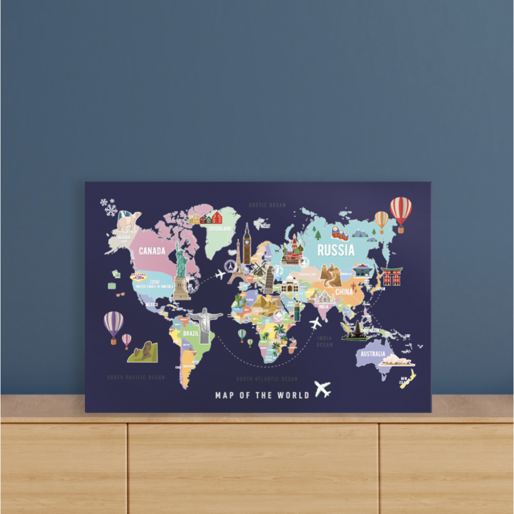 Tommy Gift Magnet Board World new graphic color บอร์ดแม่เหล็ก Map of the world ขนาด 30x45 ซม. มีขาตั้งโต๊ะและแขวนผนังได้