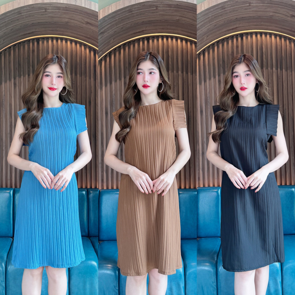 พร้อมส่ง เดรสผ้าด็อบบี้แขนแต่งระบายซิปหลัง ( C77 ) A5056