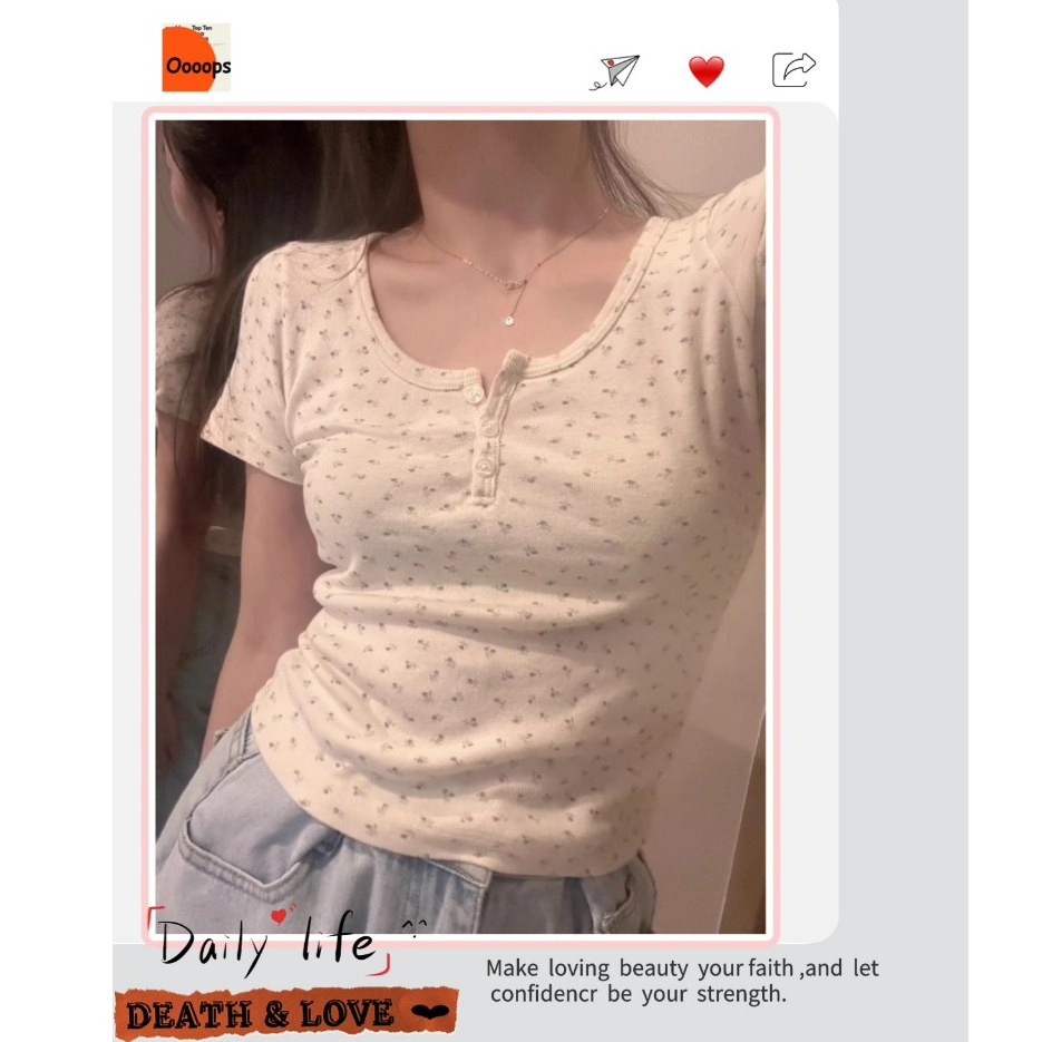 ใหม่ เสื้อยืดแขนสั้น เสื้อยืดครอป เเต่งกระดุมที่อก หวานน่ารัก ลายดอกไม้ สีสวย #0265