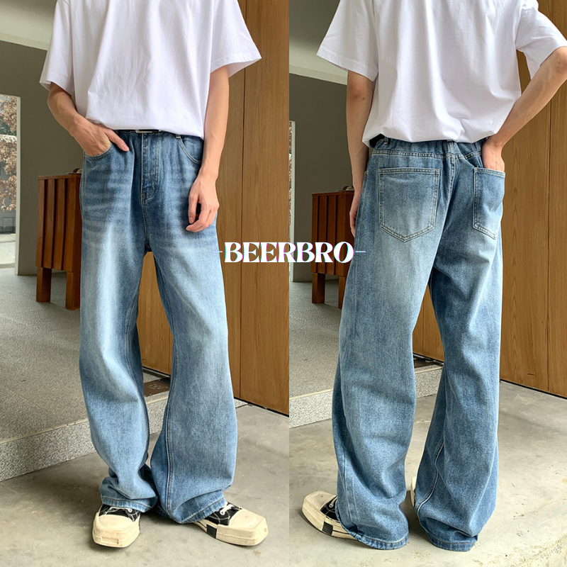 beerbroth-กางเกงยีนส์ผู้ชาย ขายาว ทรงขากระบอกใหญ่ เอวยืดสม็อค กระบอกเท่ๆ ผ้ายีนส์นิ่ม ไซส์ใหญ่ สีฟ้า