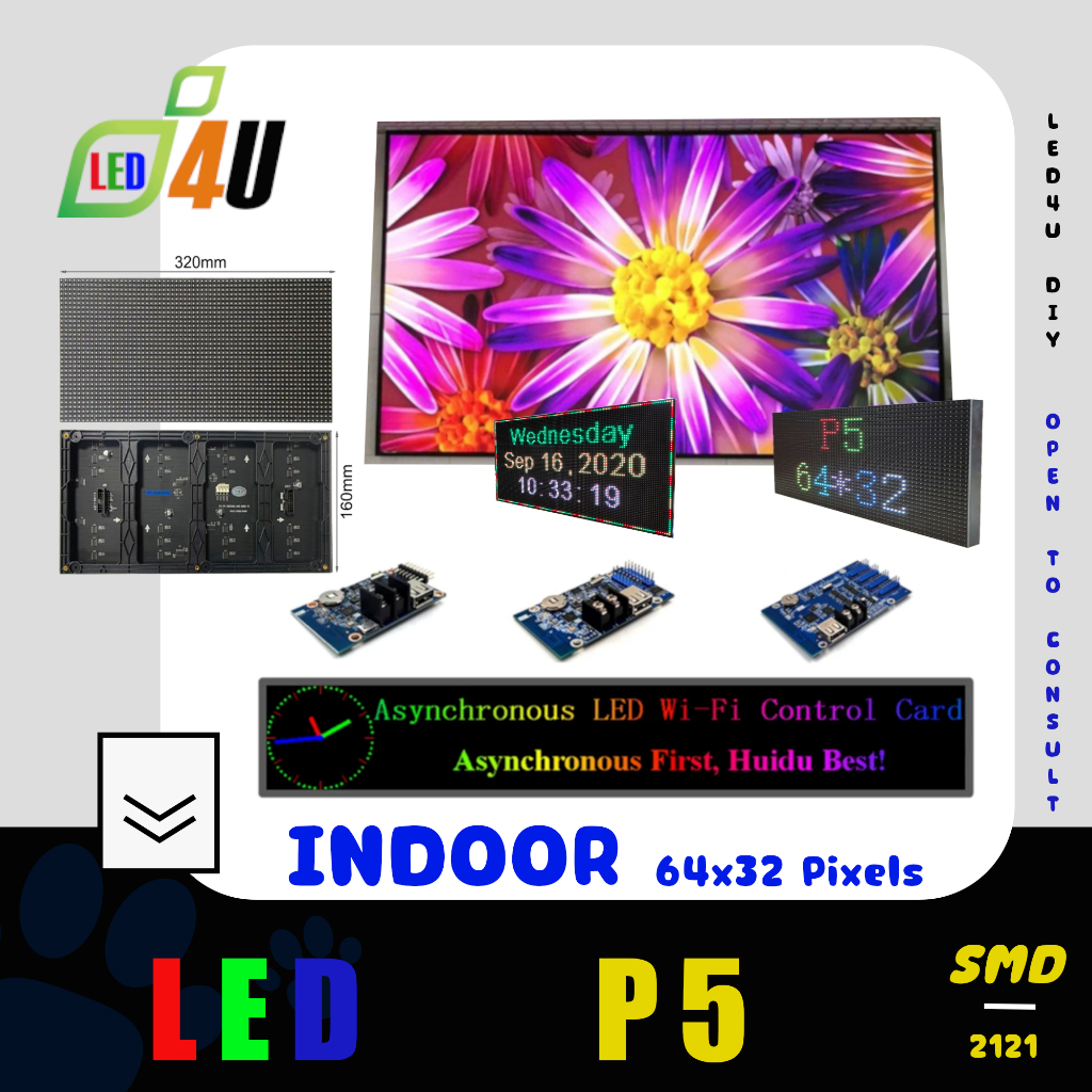 LED P5 RGB สีเต็มรูปแบบ ขนาด 32x16 ซม, 64x32 พิกเซล ป้ายไฟวิ่ง ป้ายเชียร์ ป้ายแสดงราคา ป้ายไฟสีเต็ม สำหรับใช้ภายในอาคาร