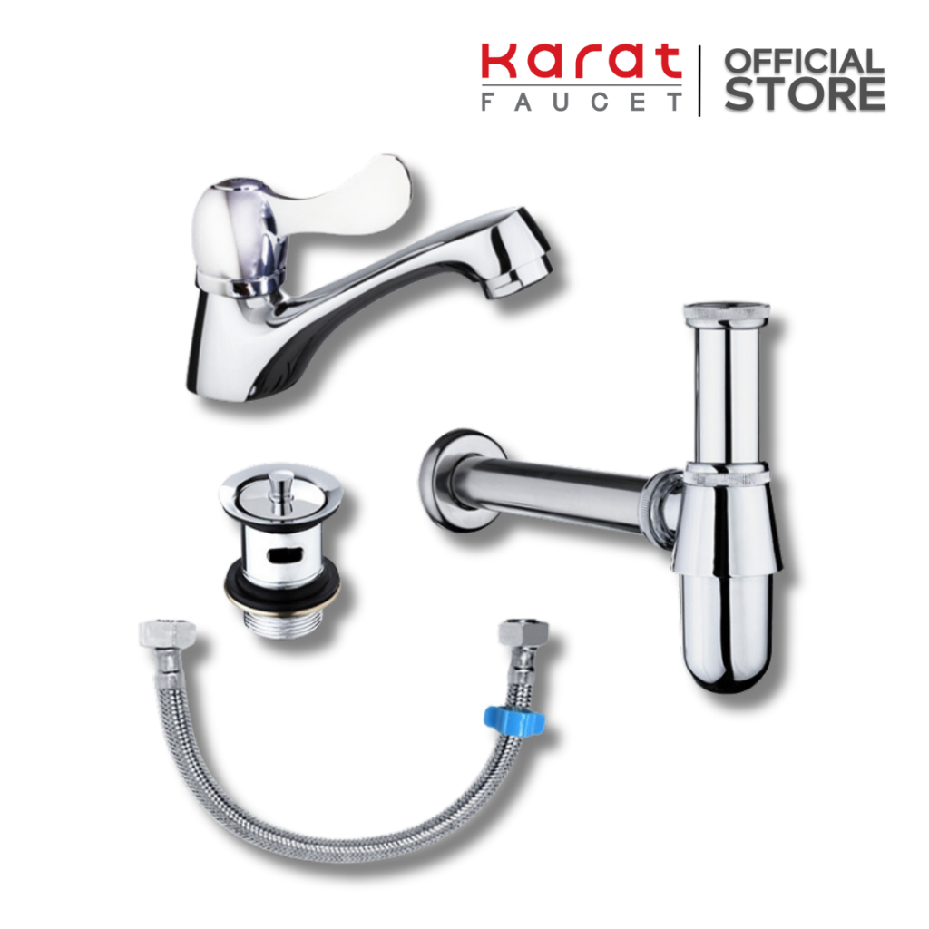 Karat ชุดเซ็ทก๊อกเดี่ยวอ่างล้างหน้า สะดืออ่าง ท่อน้ำทิ้ง และ สายน้ำดี 16 นิ้ว (Eco) KFA-008-100