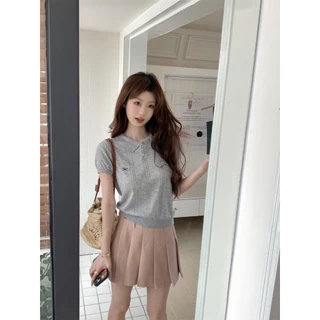 Cicishop(A2156-2)เสื้อไหมพรมแขนสั้น แต่งลายผ้า คอปกกระดุมใช้งานได้จริง ปักโบว์น่ารัก สไตล์เกาหลี