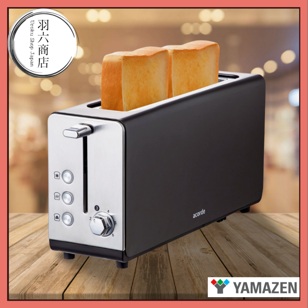 Yamazen Pop-up Toaster 2 Slice Compact Adjustable Browning Frozen Bread Stainless Steel Black Model 