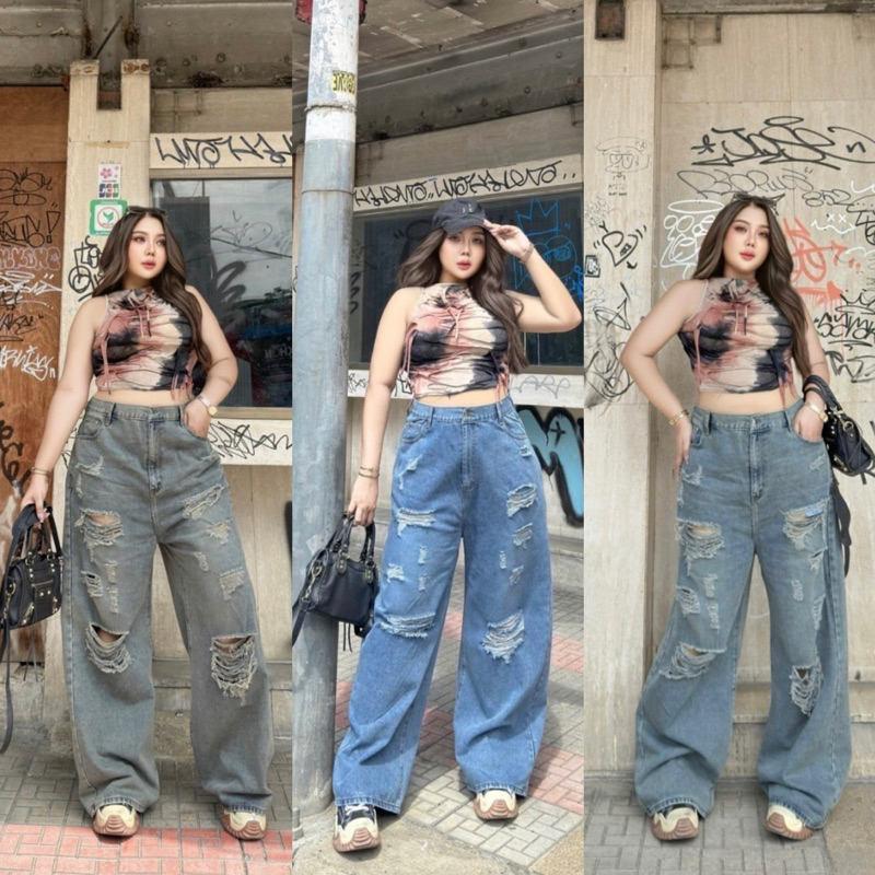 กางเกงยีนส์ขากระบอกใหญ่ สาวอวบ ทรงเท่ห์เอวสูงเก็บพุง เก็บสะโพก แต่งดีเทลขาดๆ แฟชั่นสุดๆ กางเกงยีนส์ plussize