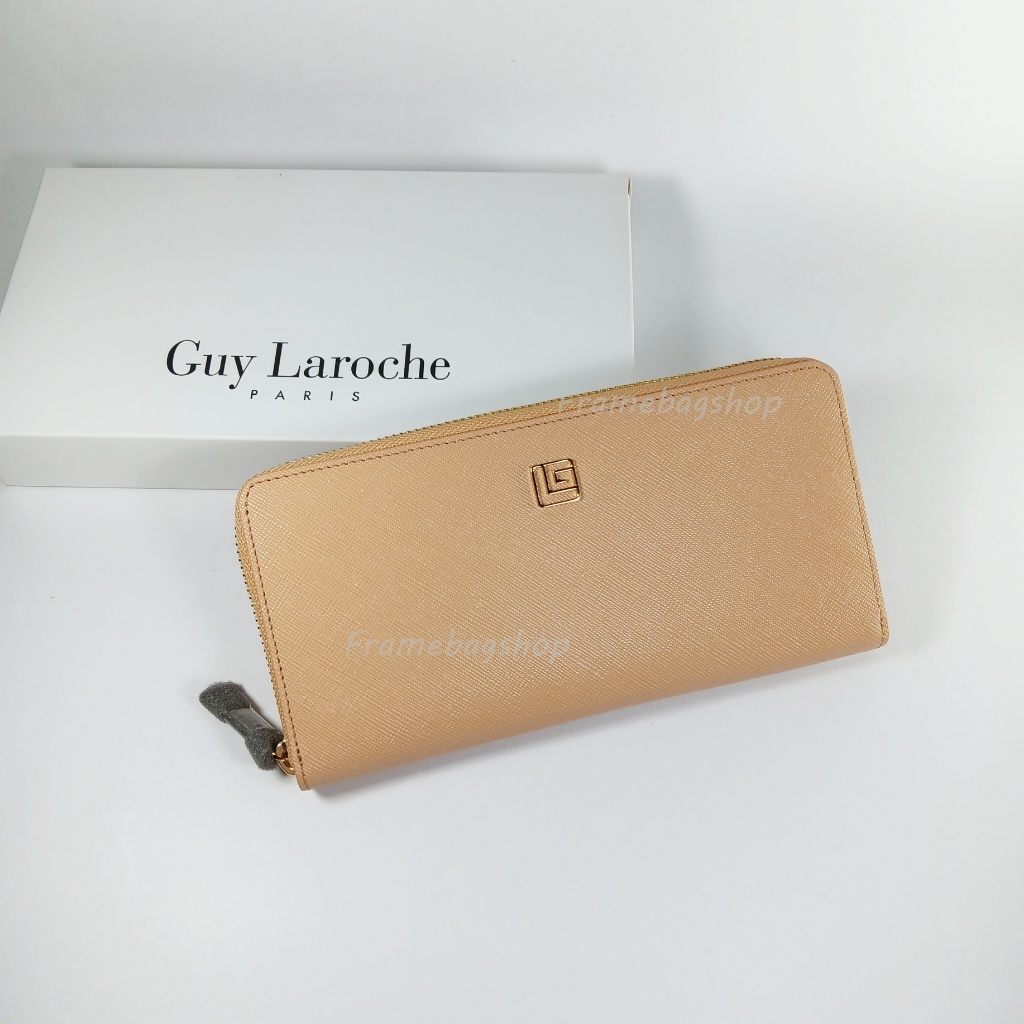 Guy Laroche กระเป๋าสตางค์ผู้หญิงใบยาวซิปรอบ สี beige หนังลาย อะไหล่ทอง หนังแท้100%