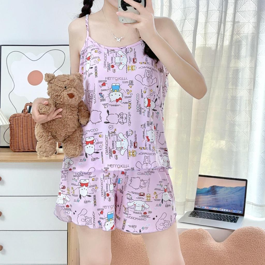 ชุดนอนมินิมอล ชุดนอนสายเดี่ยว ชุดนอนสไตล์มินิมอลลายการ์ตูน เสื้อ+กางเกง