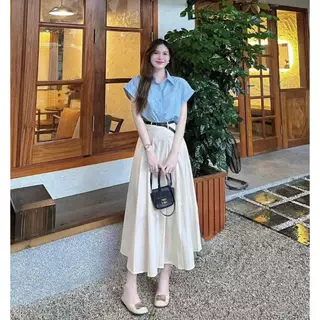 ชุดเซตกระโปรง สไตล์ผู้ดี เสื้อเชิ้ตแขนเบิ้นกระดุมหน้า+กระโปรงเอวเรียบสม็อคหลังมีซับใน A5189