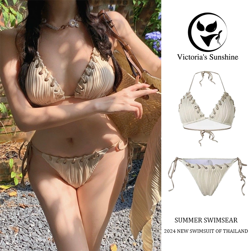 Bikini set💓บิกินี่ทูพีช ชุดว่ายน้ำ รุ่นใหม่ เซ็กซี่ ผูกคอ โชว์หลัง ผ้ายับ ผ้าคุณภาพสูง#0466