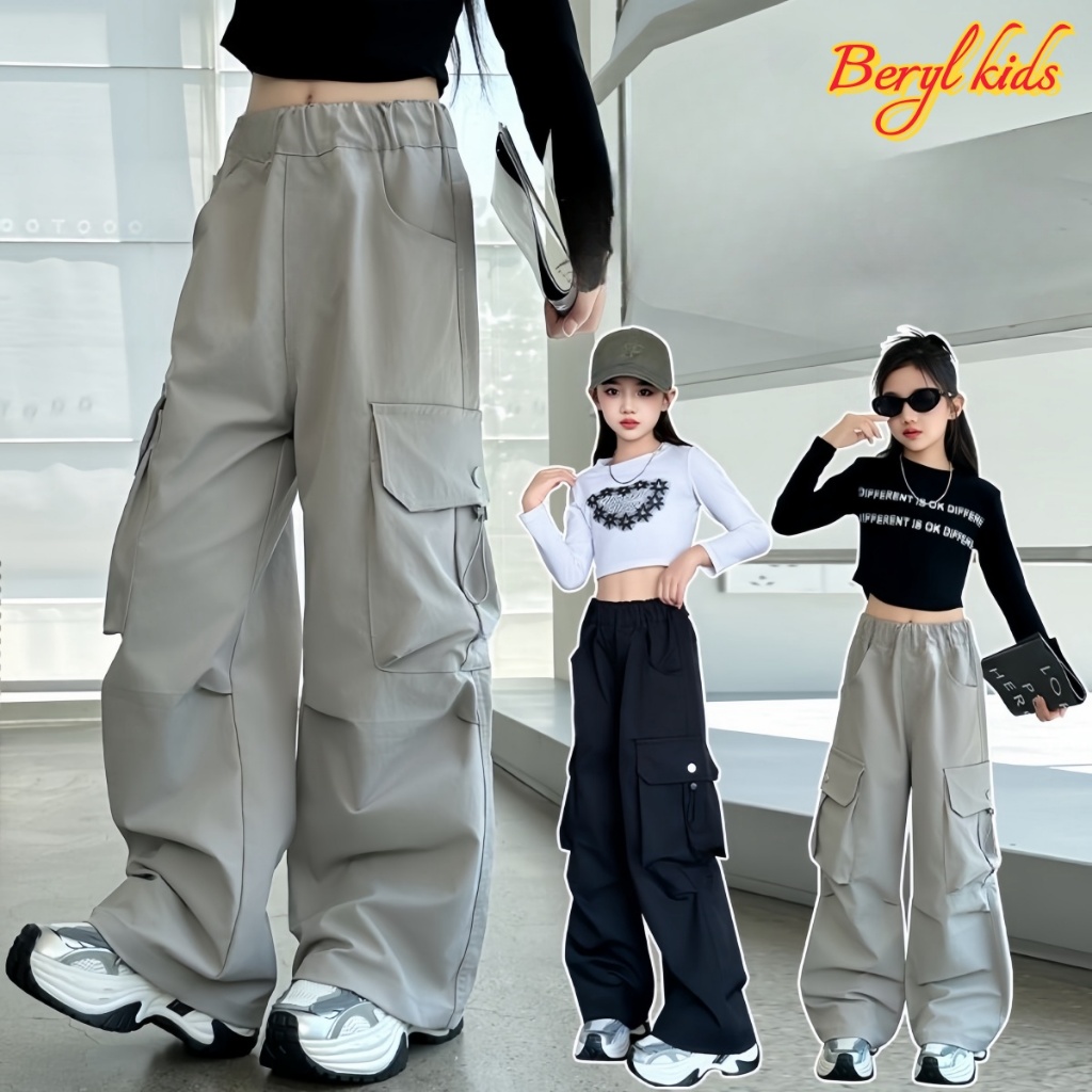 Beryl kids🌸กางเกงคาร์โก้เด็ก🎀กางเกงลำลองสำหรับเด็กผู้หญิง เอวยางยืด ทรงหลวม ผ้านุ่ม ใส่สบาย สไตล์เกาหลี แฟชั่น ฤดูร้อน