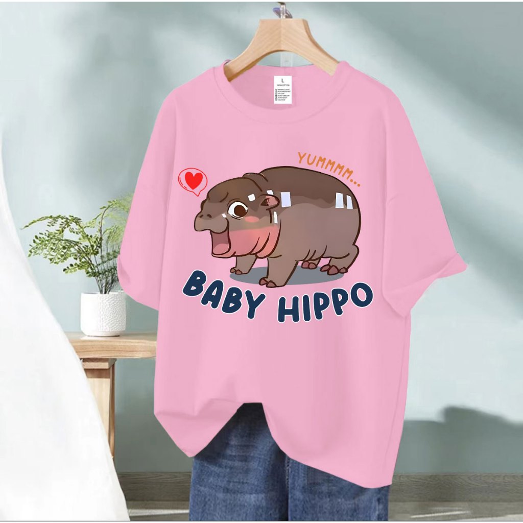 BK-1183-SHORT เสื้อยืดผู้ใหญ่ เสื้อแขนสั้นผ้ายืดลายฮิปโป หมูเด้ง อก32-42  มี 10 สีให้เลือก