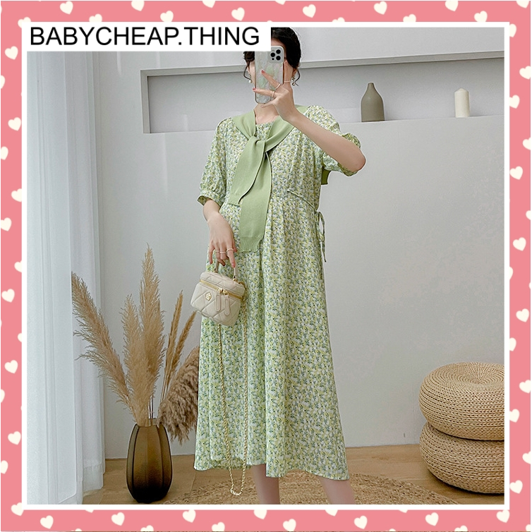 เดรสคลุมท้องแฟชั่น (ZA566) ผ้าชีฟอง พิมลาย ดอกไม้น่ารัก มีซับใน มีเชือกผูกปรับขนาดครรภ์ มีผ้าพันคอให้ด้วย