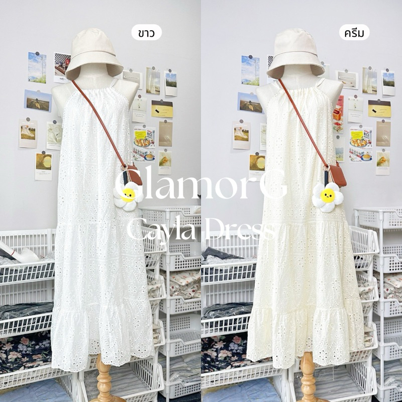 Cayla Dress เดรสผูกโบว์หลังคอผ้าคอตตอนฉลุ มีซับในทั้งตัวน้า