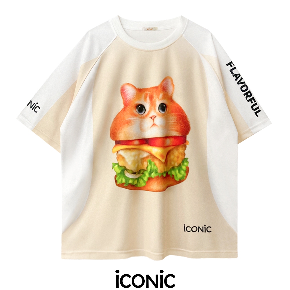 iCONiC DOLLAR T-SHIRT OVERSIZE #203070 สีครีม ส้ม เสื้อยืดกีฬา พิมพ์ลาย แมว แฮมเบอร์เกอร์ HAMBURGER เสื้อบอล เสื้อแฟชั่น