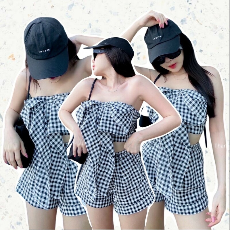 MM21266 Set 2 ชิ้น เสื้อเกาะอกติดโบว์ใหญ่ + กางเกงขาสั้น