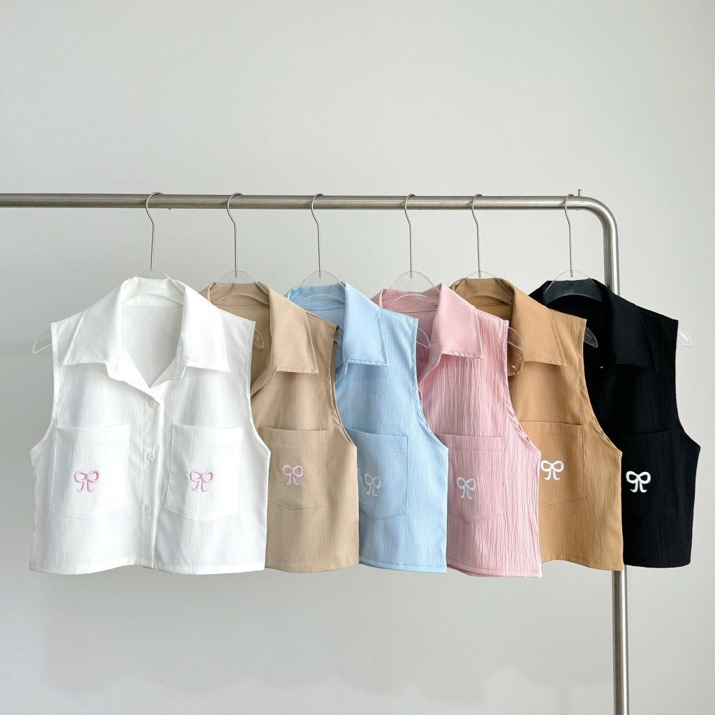 เสื้อครอป ปักโบว์ ผ้าครัช #FF91