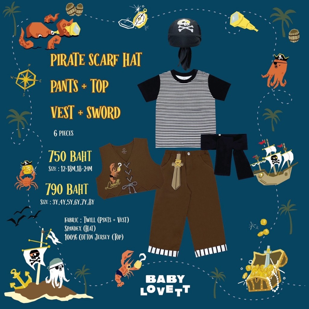 07 ชุดโจรสลัด Pirate Halloween - Top and Pants and Vest and Pirate Scarf Hat