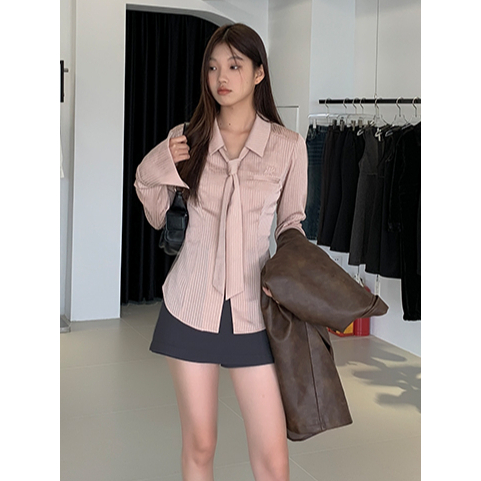 เสื้อเชิ้ตแขนยาวลําลอง คอปก พิมพ์ลายทาง ทรงสลิมเข้ารูป พร้อมเน็คไทเข้าชุด สวมใส่สบาย แฟชั่นสําหรับสตรี HJ2038